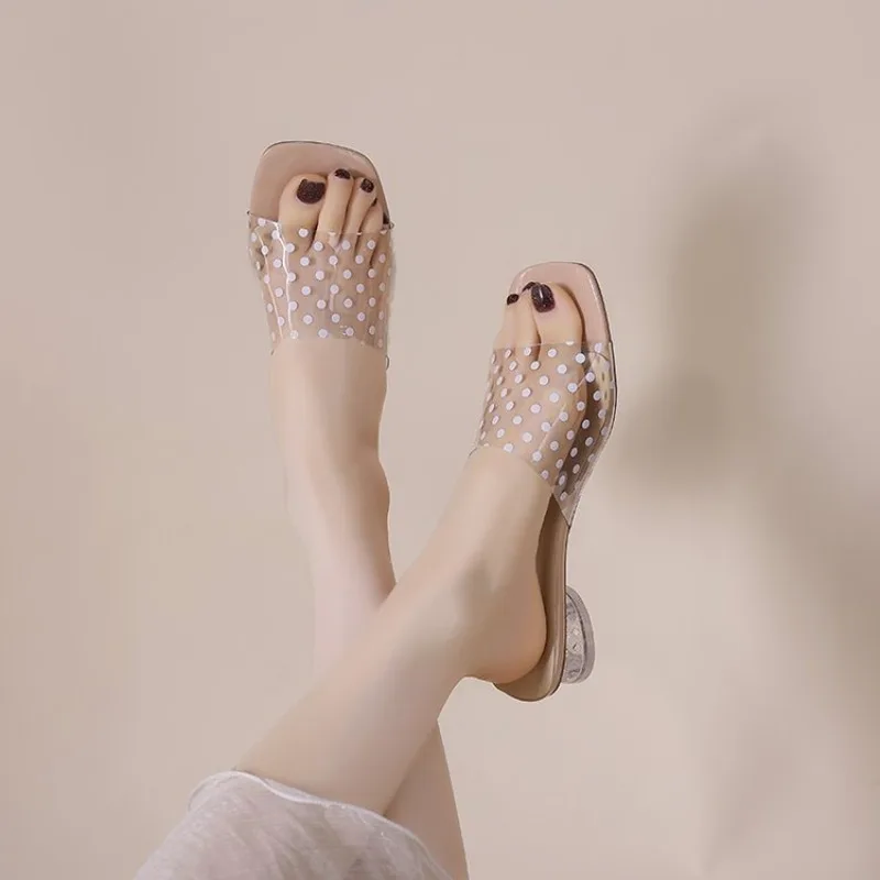 

Summer Women Polka Dot Slippers PVC Transparent Open Toe Crystal Thick Heel Slides Ladies Casual Outdoor Vacation Sandalias