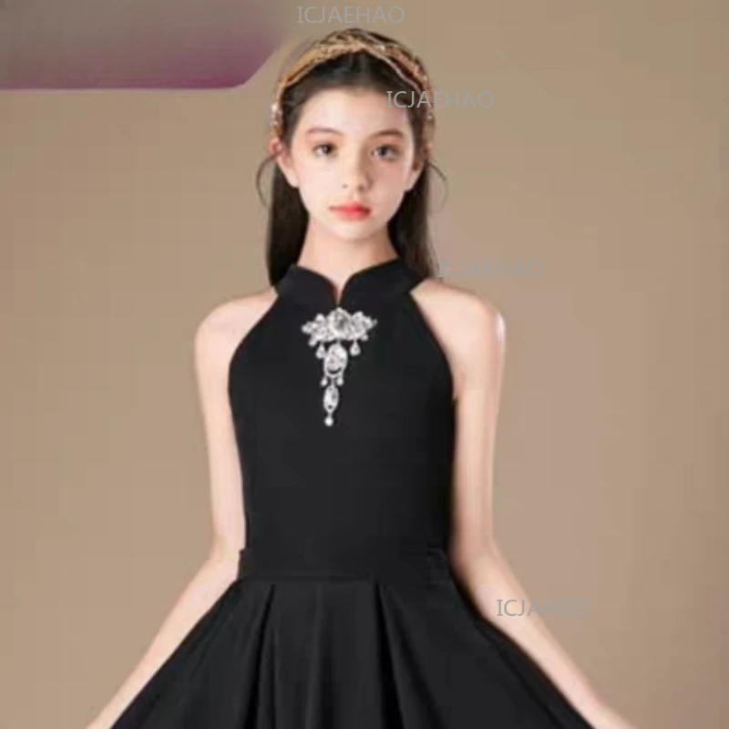 2026 New Children French Style Black Evening Dress Clothes Kids Party Gown Women Costume Piano Performance Cello Solo Pageant