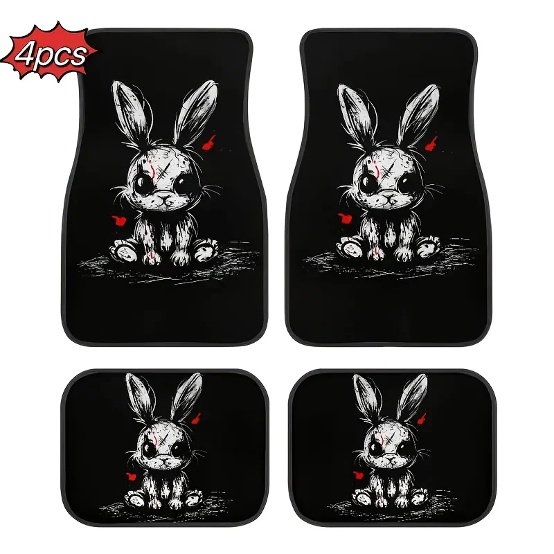 4pcs Polyester Fiber Gothic Style Rabbit Universal Car Floor Mats Set Suitable for Front and Rear Seats, Interior Additions