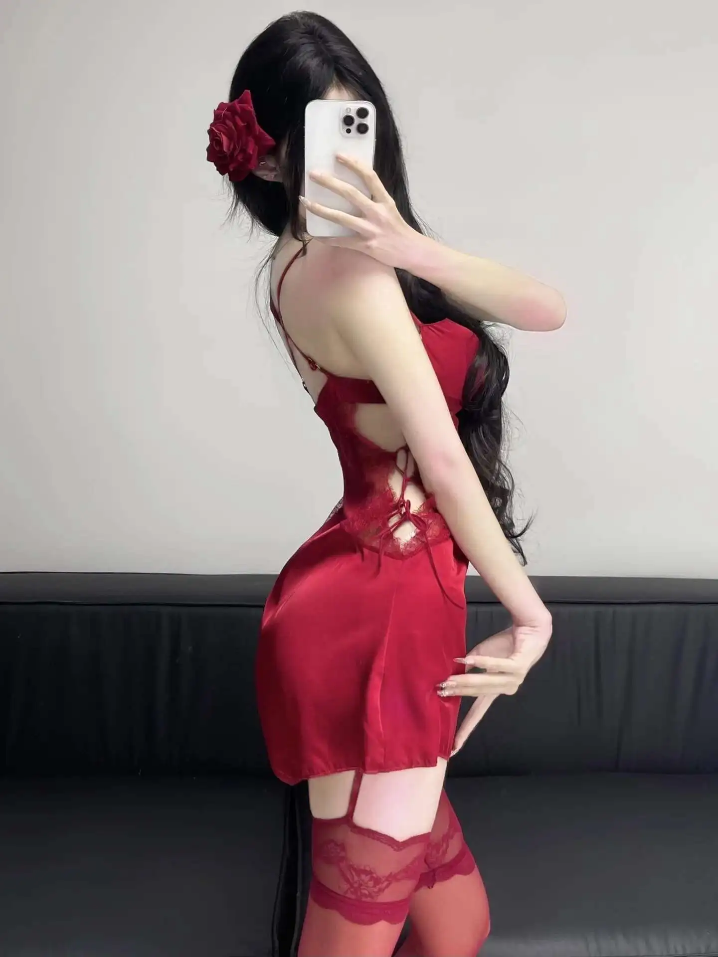 ใหม่เซ็กซี่ 2025 สแควร์คอBackless Lace Splicing Sheerชุดสลิงผู้หญิงCinchingเอวSlim A-Lineชุดลําลองสั้นW8W1