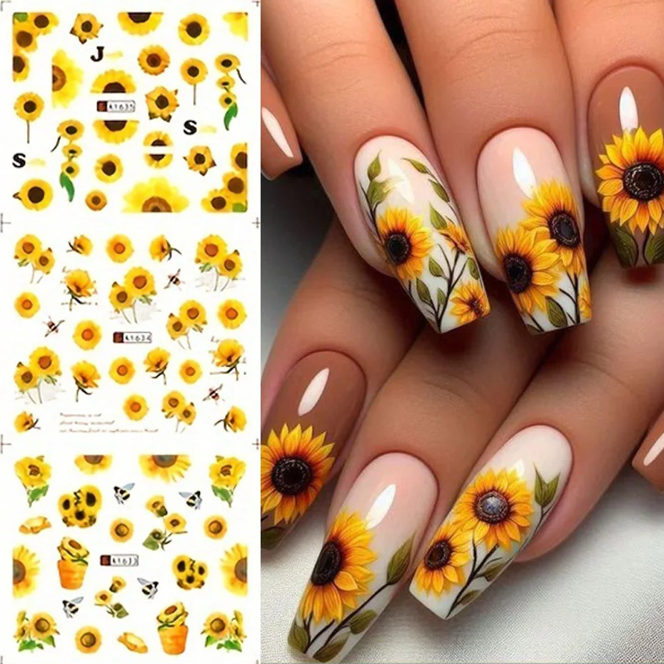 12 デザインひまわりデイジーネイルステッカー鮮やかな花の花水デカール転写箔スライダーマニキュア装飾