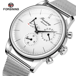 2024 NEW Forsining Power Reserve Design Automatic Mechanical Watch White Dial Mesh Belt Waterproof Luminous Hand Date Clock