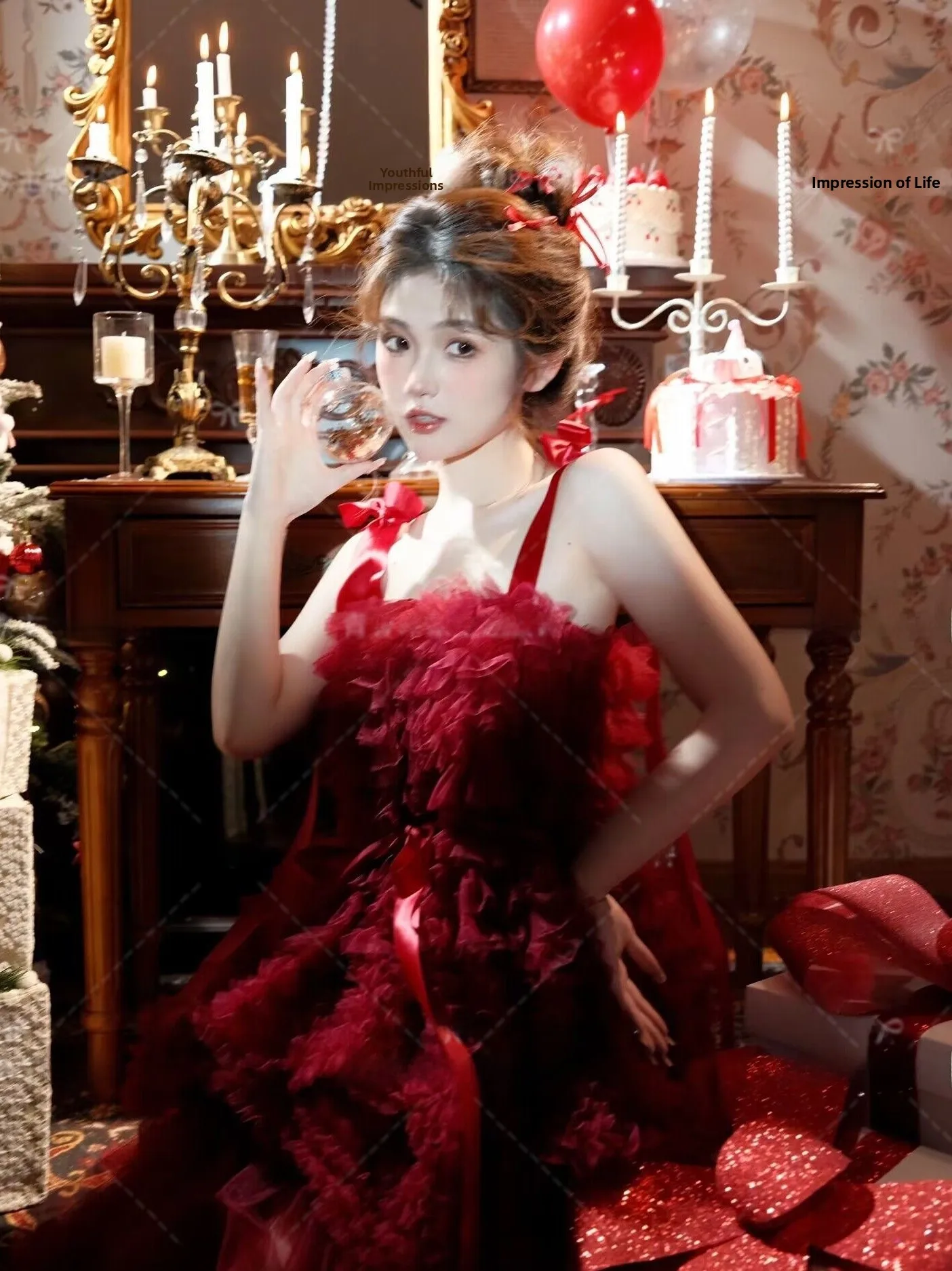 

Red Dress Photography Studio Birthday Party Theme Girls Cute Personality Art Photo Shooting Stage Costume Traditional Chinese...