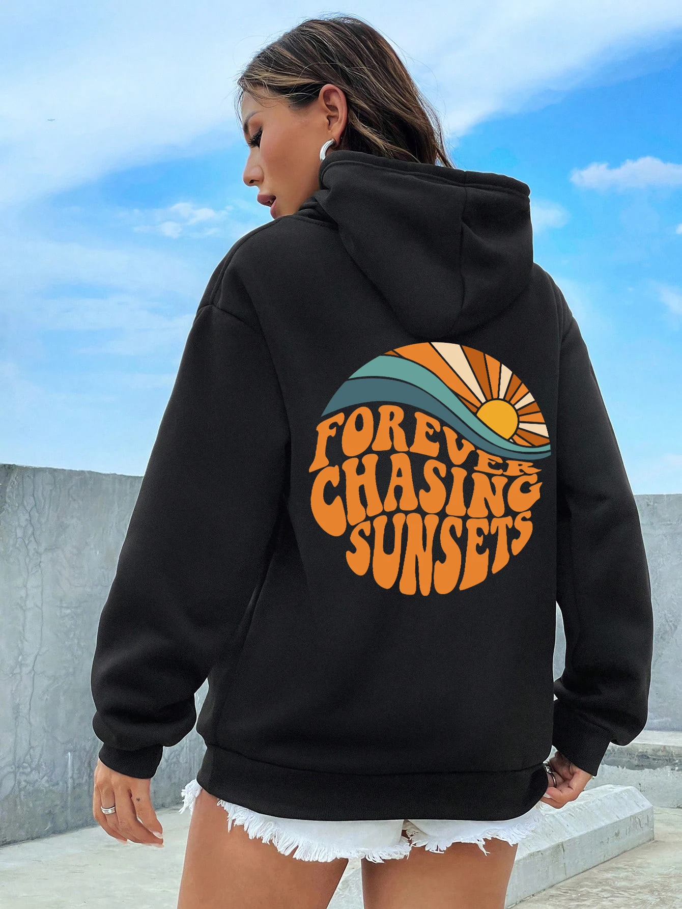 Forever Chasing Sunsets Pattern Printing Womens Hoodie Long Sleeves Pocket Sweatshirts Warm Pullover Fashion Casual Clothes