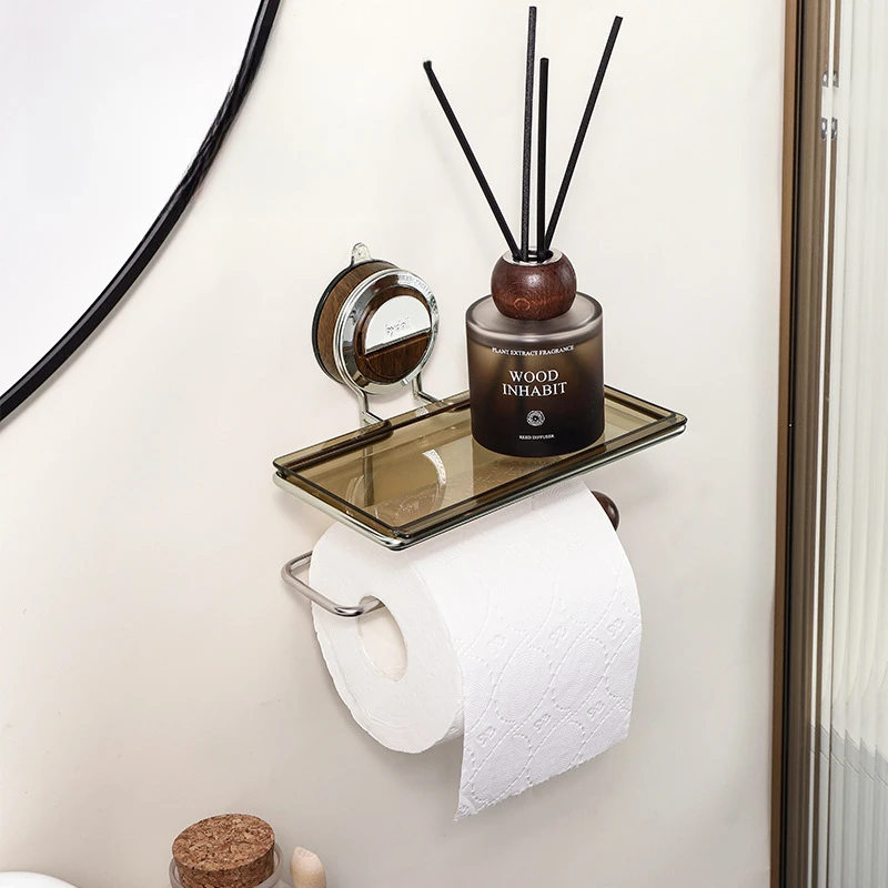 

No Drill Suction Cup Toilet Paper Holder, Luxury Wall Mounted Bathroom Tissue Dispenser with Shelf, Home Organizer