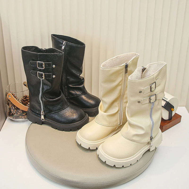 Children's Pu Leather Boots Winter Warm Comfortable Anti Slip Zipper Fashion Kids Knee Boots Girls Outdoor Buckle Princess Boots