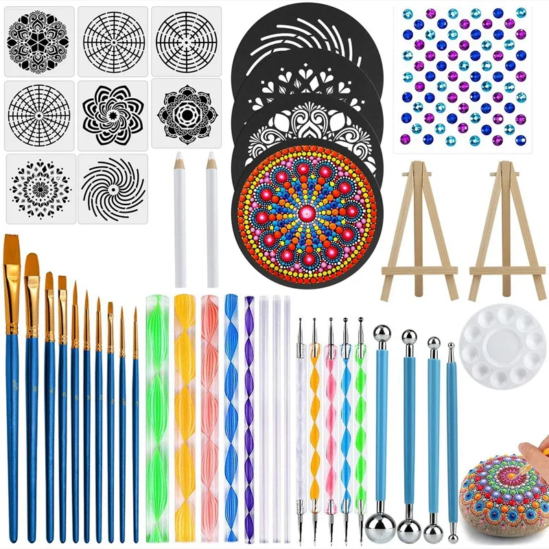 A35Q-45 PCS Mandala Dotting Tools Set, Stencil Painting Arts Supplies Tools Kits Including Stencil Templates, Mini Easel