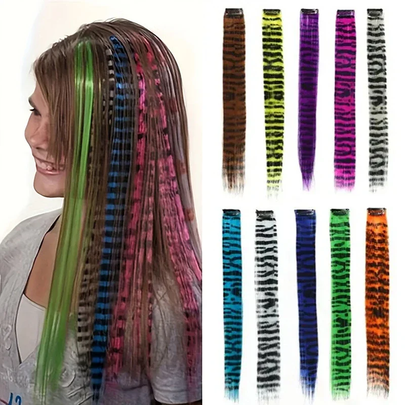 جديد شريط متعدد الألوان ليوبارد مطبوعة طويل مستقيم شعر مستعار كليب للفتيات يسلط الضوء على قطع الشعر المستعار #2
