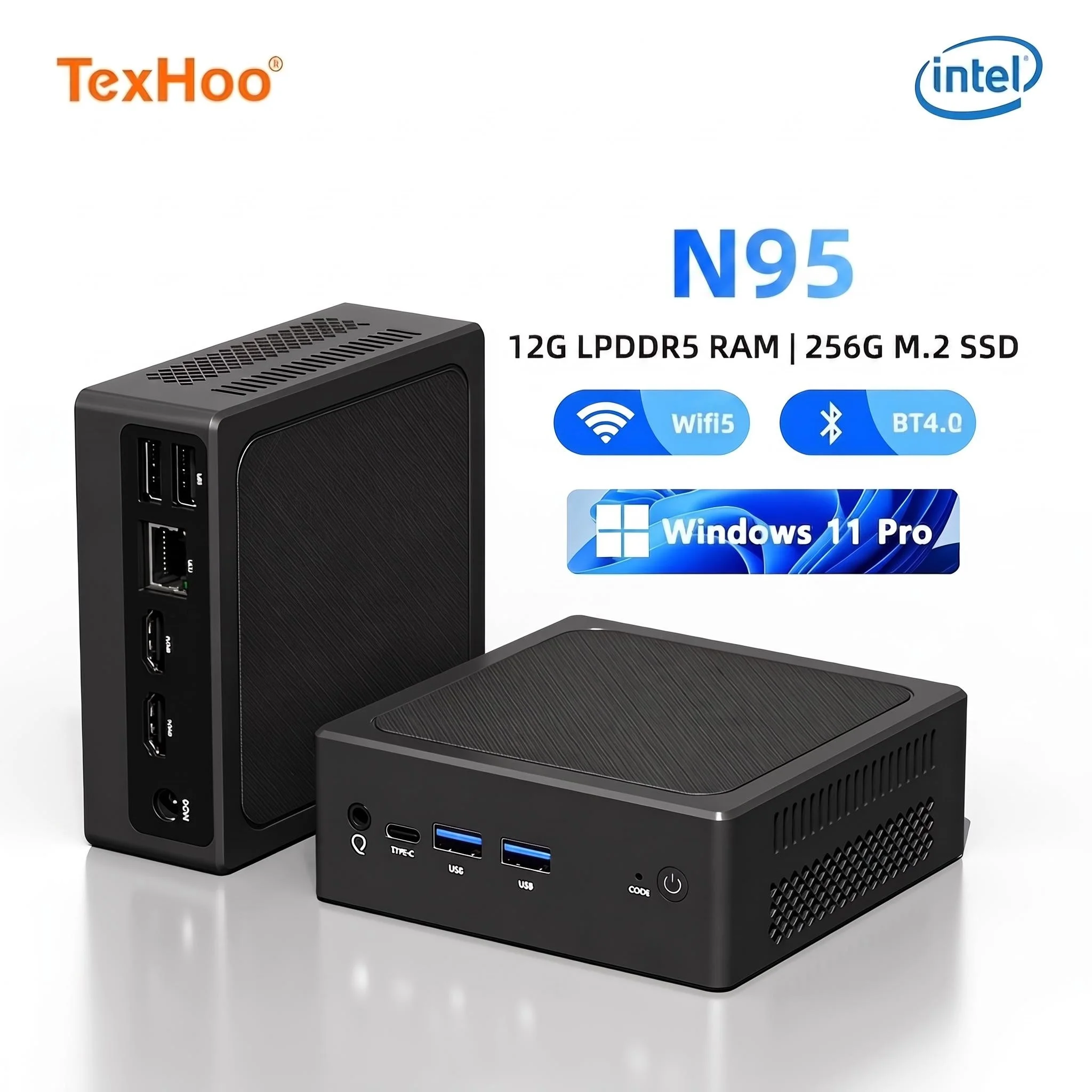 TexHoo Mini PC Intel Alder Lake N95 12GB LPDDR5 256GB M.2 2280 SSD Dual HDMI WiFi5 BT4.0 Win11 1xLAN Desktop Computer