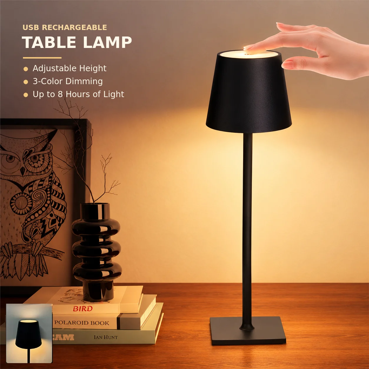 Rechargeable LED Table Lamp Touch Sensor Night Desk Lamp 3 Color Temperatures Stepless Dimming for Restaurant Hotel Bar Bedroom