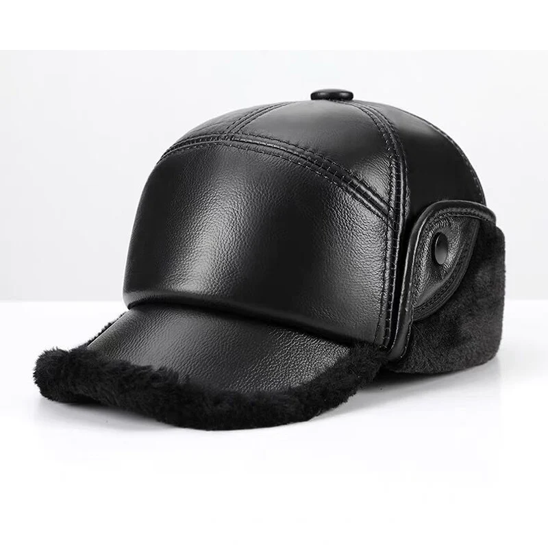 2024 Winter Men\'s Hat Thicken Leather Cowskin Baseball Caps Bomber Hats With Ears Warm Dad\'s Hats Sombrero De Cuero Del Hombre