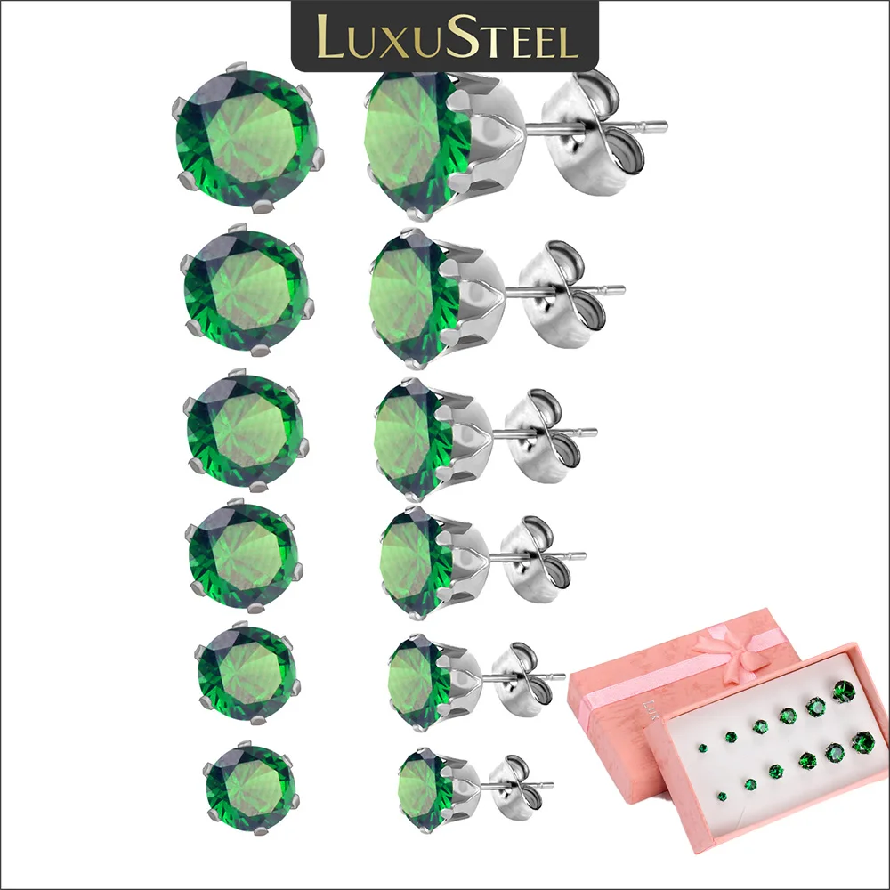 LUXUSTEEL 6 Pairs 3-8MM Green Zircon Crystal Stud Earring Set For Women Men Round Flower Colorful Rhinestone Piercing Earrings