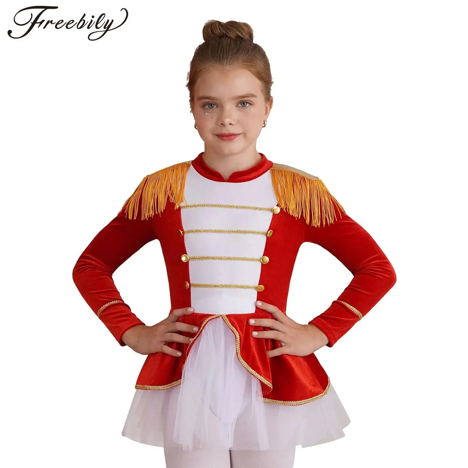 Circus Ringmaster Costume for Girls Marching Band Uniform Halloween Cosplay Fancy Dress Up Long Sleeve Tassel Tutu Dress