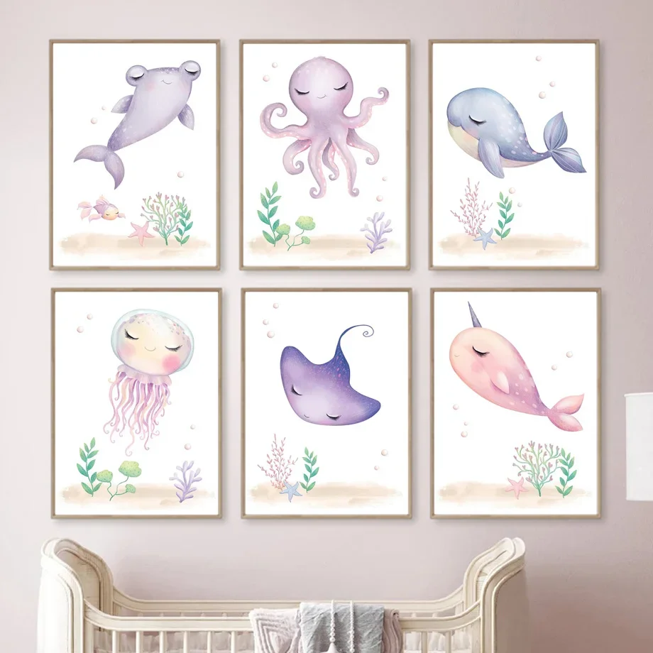 Whale Octopus Posters Jellyfish Seahorse Sea Turtle Nursery Wall Art Prints Canvas Painting Wall Pictures Baby Kids Room Decor