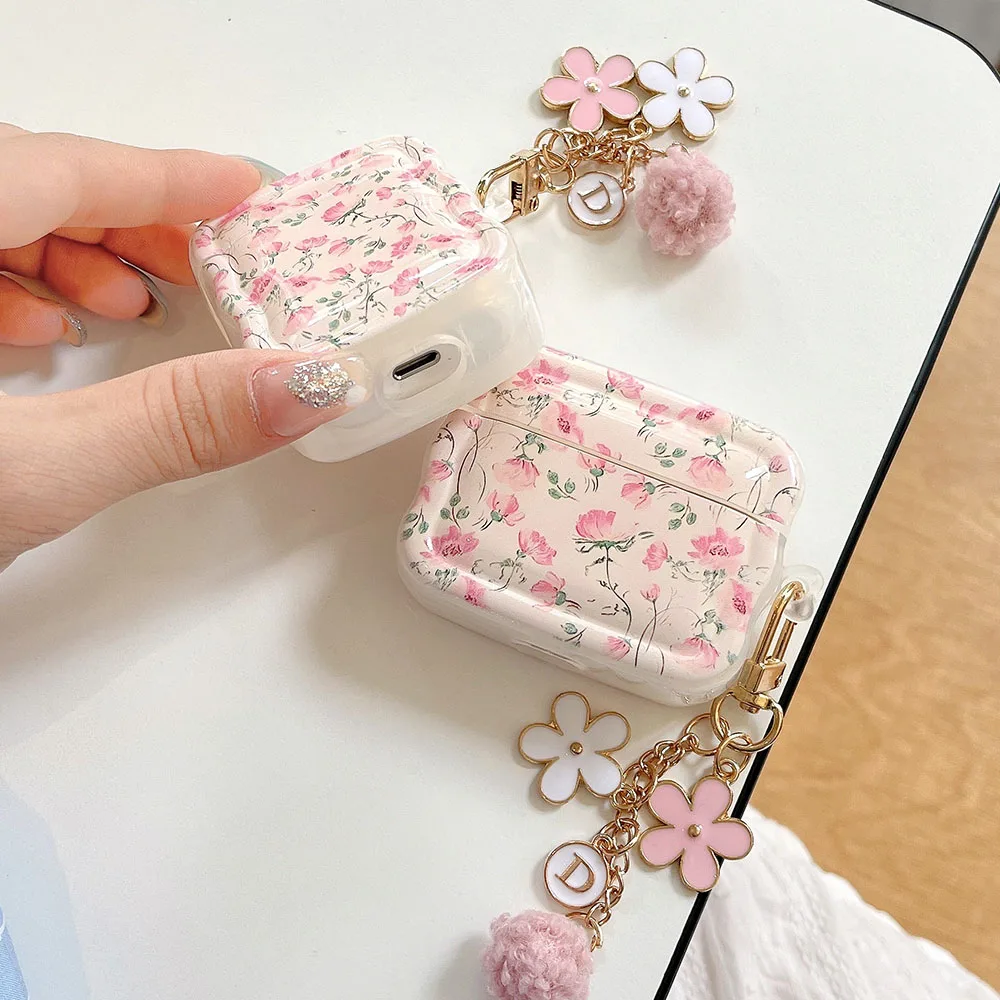 INS милый розовый чехол с цветочным принтом для Apple Airpods Pro 2 1 3, беспроводная зарядная коробка для наушников, брелок с подвеской в виде цветов