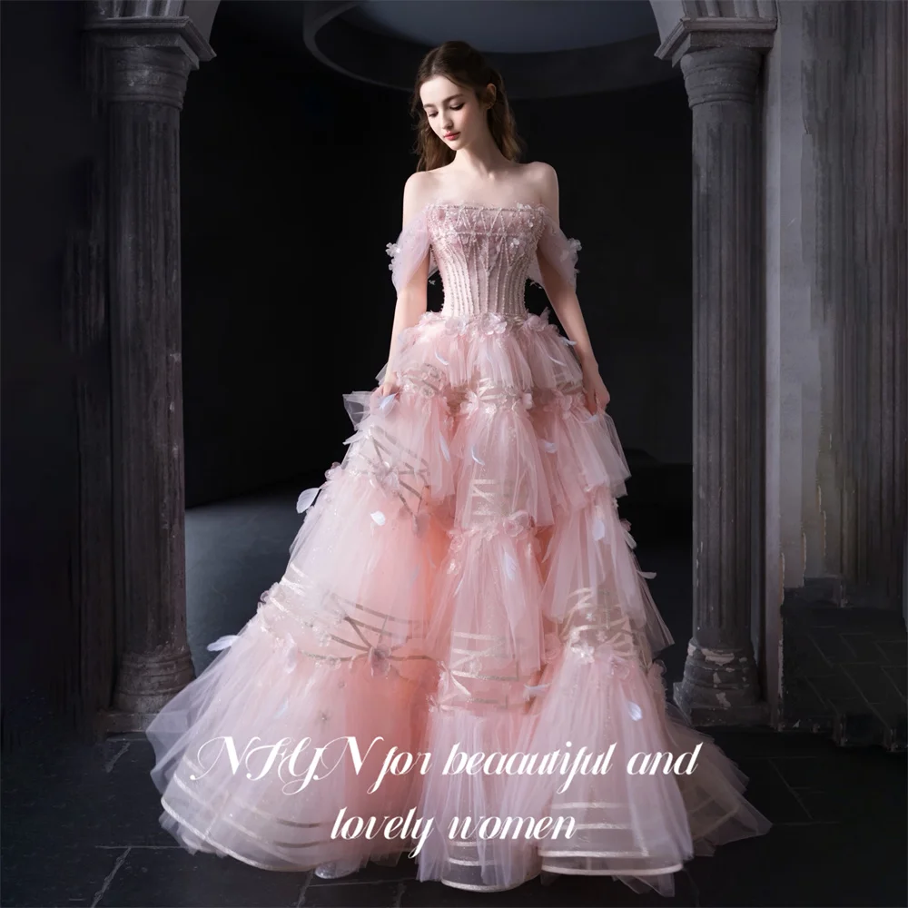 NFYN Pink Ball Gown Prom Dress Off‑the‑Shoulder Beaded Evening Gown 3D Floral Feather Multi‑Layer Tulle Party Dress Customized