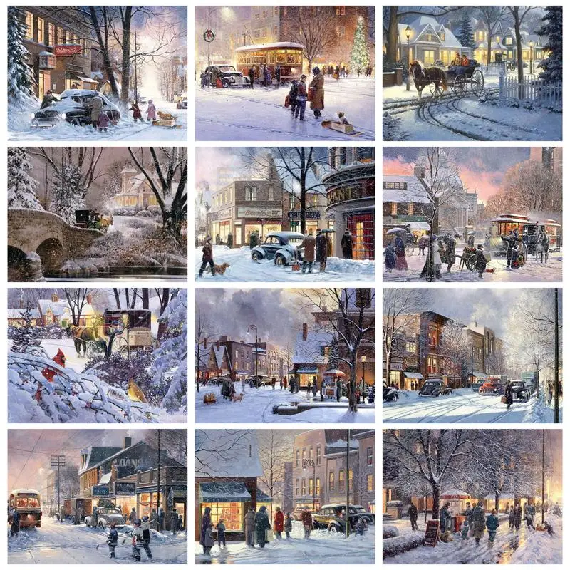 

CHENISTORY Decorative Painting By Numbers Winter Street Landscape Coloring On Numbers Adults Crafts On Canvas Diy Gift Artwork