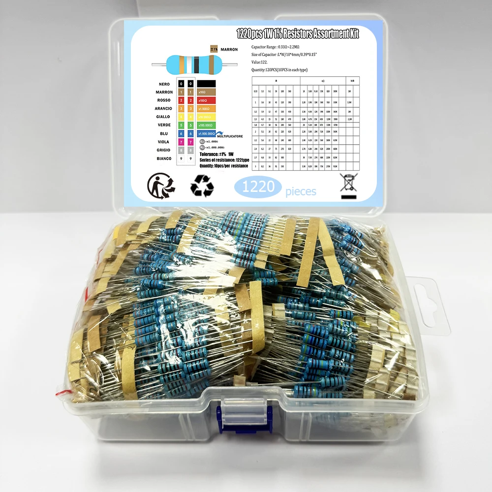 

1220Pcs 1W 1% 122Values 0.33 ~ 2.2M Ohm Metal Film Resistor Kit