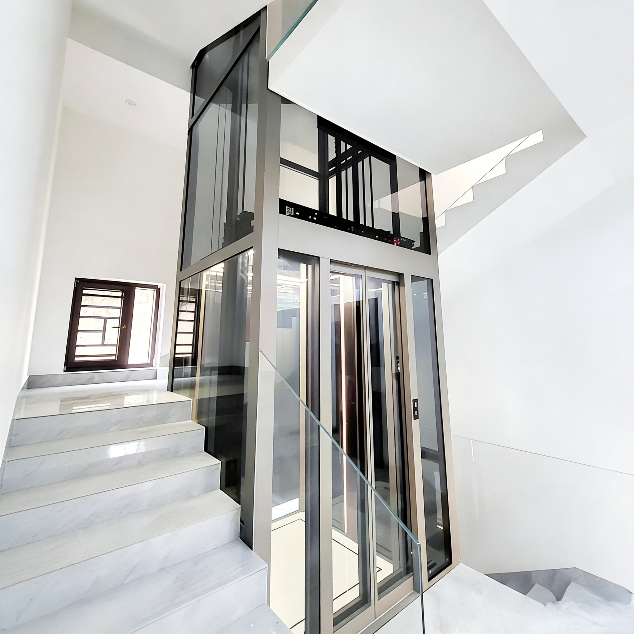 Panoramic Home Elevator 320kg 4 Stops 0.4m/s Round Glass Cabin Full View For Modern Villa Interior Design Aesthetic