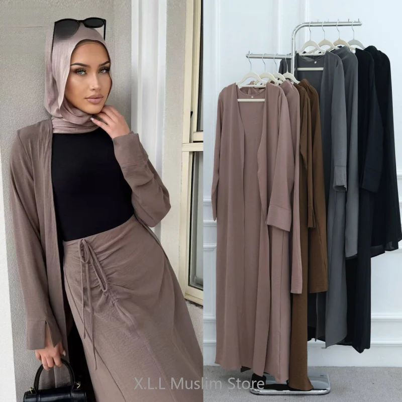 

Турецкое женское молитвенное платье Абая Дубай Роскошный Kebaya модный однотонный кардиган Ид Рамадан комплект из двух частей юбки для женщин