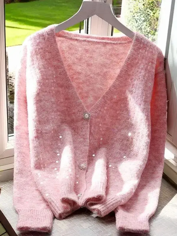 Winter ladies girls short V-neck sparkly glitter sequin yarn casual knitted para mujer women long sleeve button sweater Cardigan