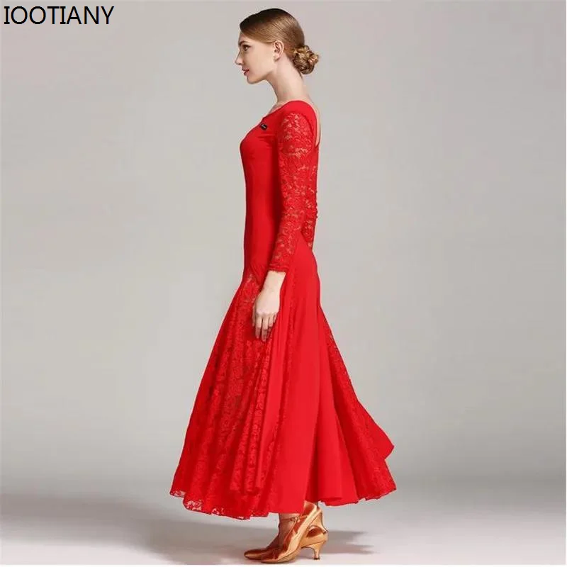 IOOTIANY 2024 Modern Dance Dress Sexy Lace Ballroom Dance Dress For Woman Long Sleeves Waltz Tango National Standard Dancewear