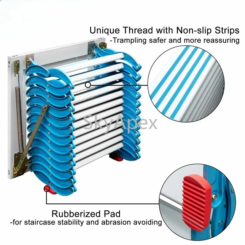 บันไดห้องใต้หลังคาแบบพับได้ ทำจากอลูมิเนียม  ได้รับการรับรองมาตรฐาน CE  กันลื่น ติดตั้งง่าย ทนทาน สำหรับใช้ในบ้านและวิลล่า