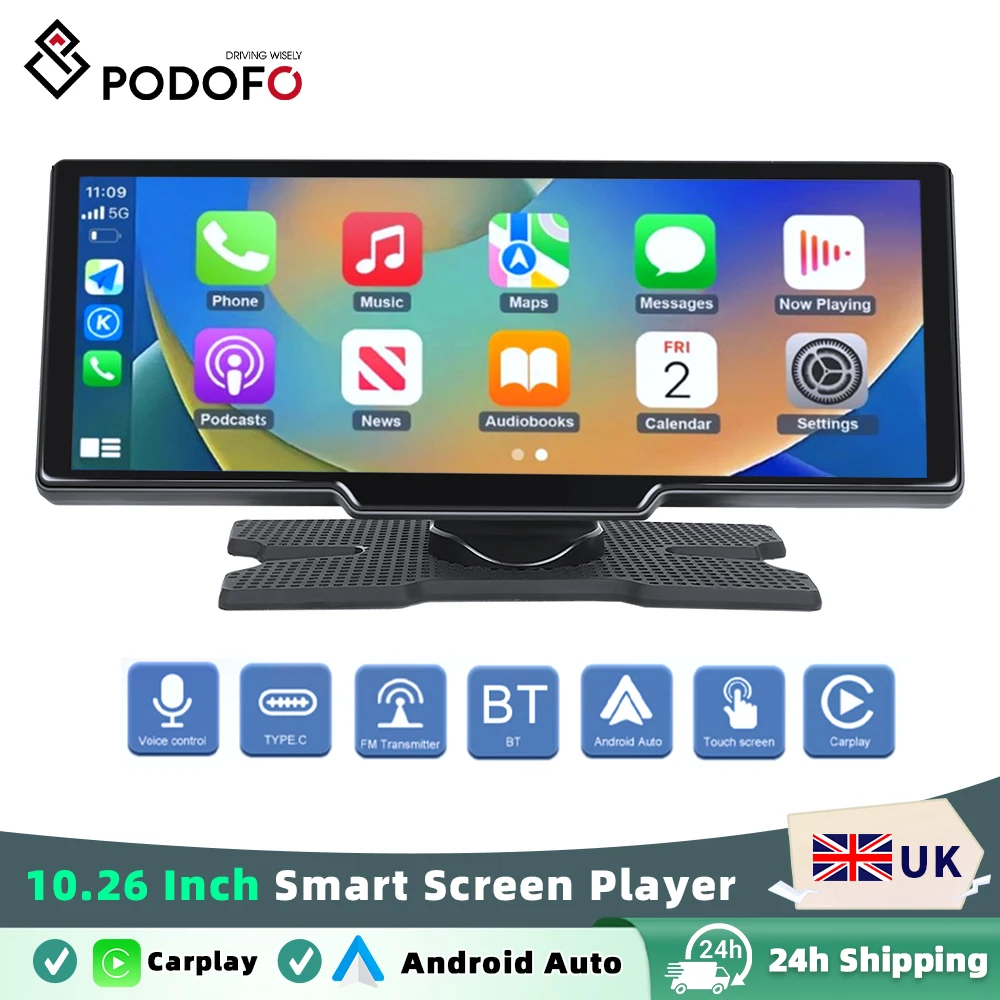 Podofo Wireless Carplay لوحة القيادة الرقمية المحمولة Android Auto 10.26 بوصة مشغل ذكي مع التحكم الصوتي 1080P BT TF