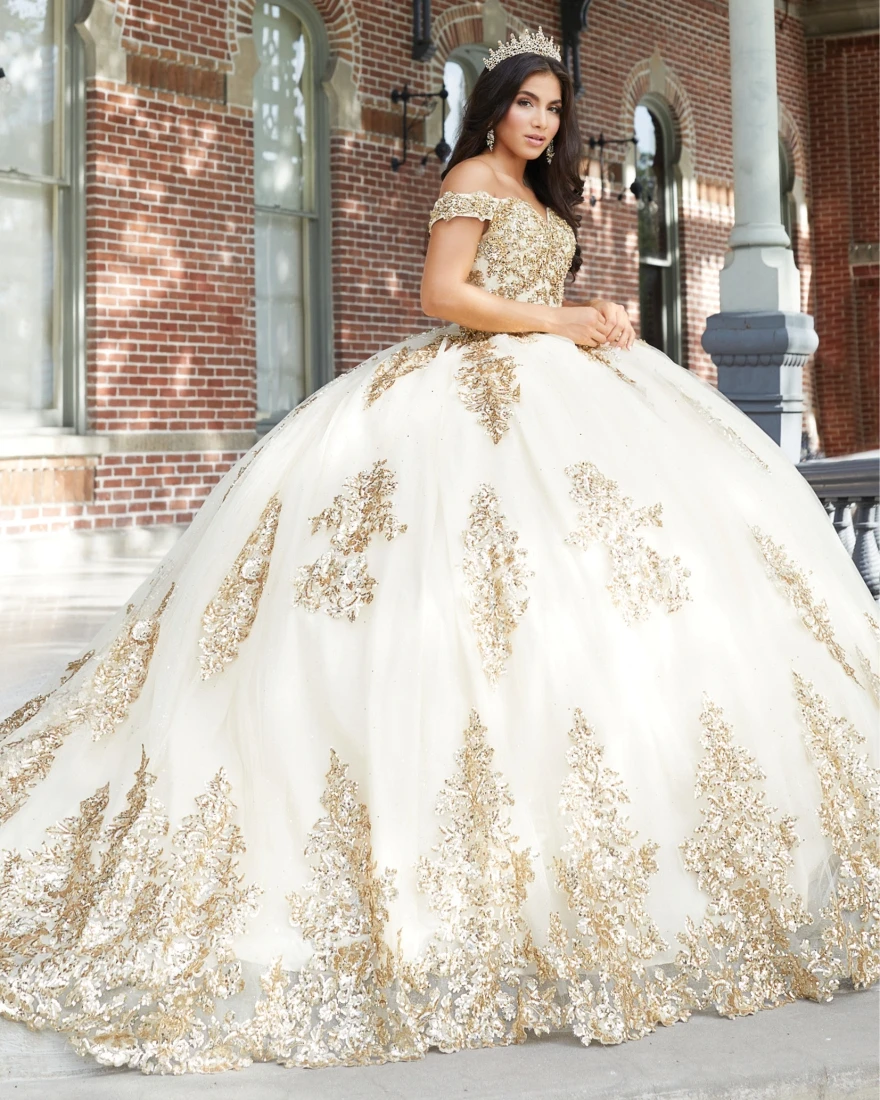 

Роскошное бальное платье Lorencia, платья для Quinceanera, 2023 Золотая аппликация, милый 15 16 день рождения, официальная одежда, цветочный конкурс YQD158