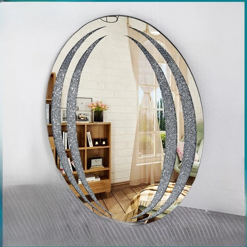 Glass mirror, pasted rhinestones, oval decorative wall mirror, living room, bathroom, bedroom high definition