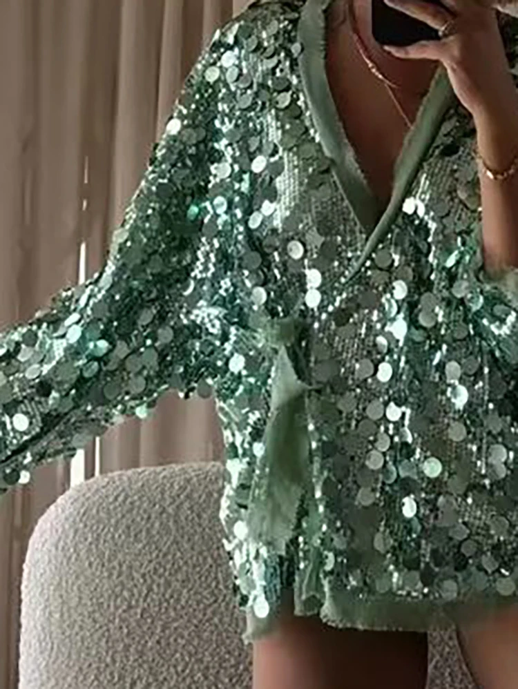 

Свободная повседневная куртка с блестящими пайетками и v-образным вырезом на шнуровке, новое осеннее женское банкетное пальто с длинными рукавами, элегантная офисная верхняя одежда