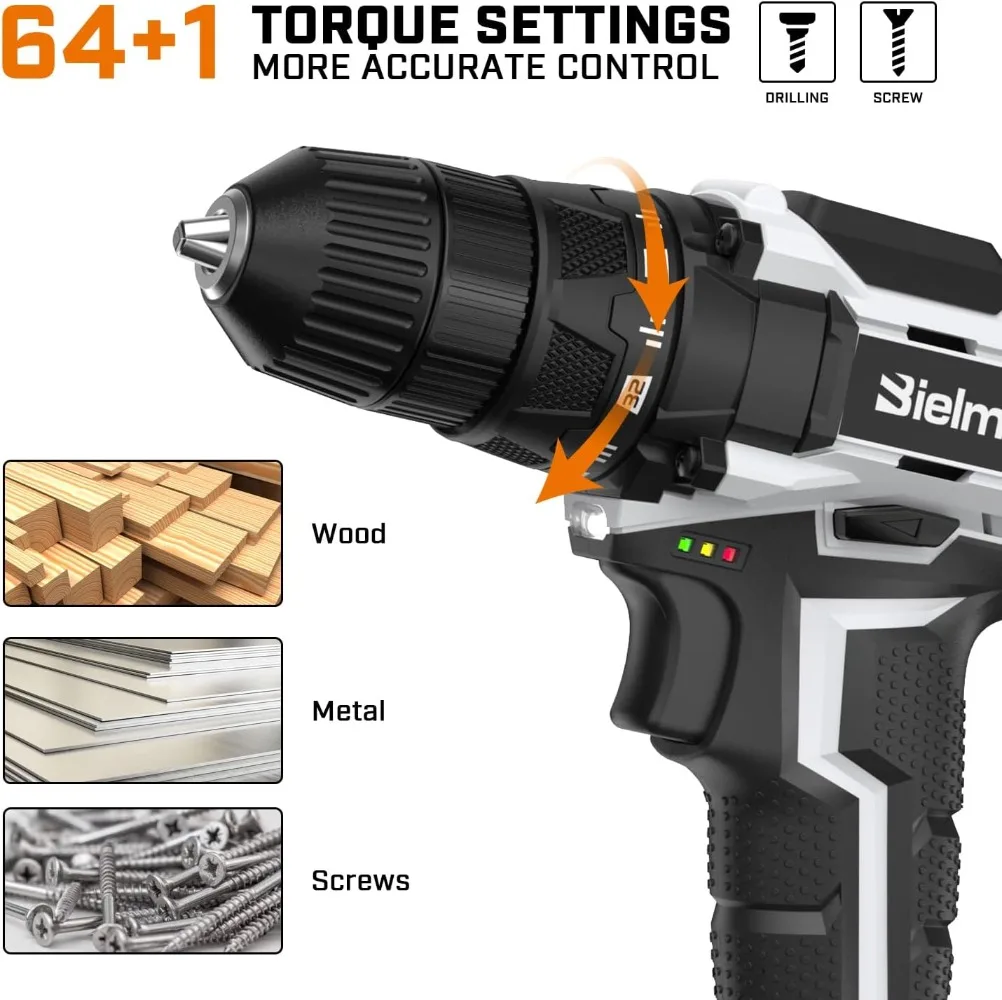 Bielmeier 20V MAX Cordless Electric Drill Set with LED Light - Electric Drill, Variable Speed, 64+1 Position, 3/8