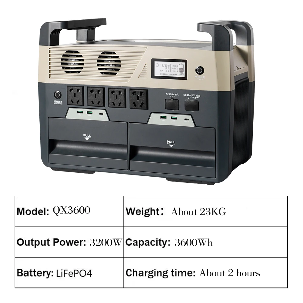 Fast Charging 3600Wh 3200W Lithium Battery Emergency Power Supply Portable Power Station with Solar Panels