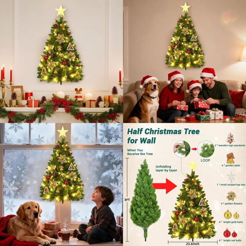 

Half-Size Dark Green Christmas Tree Wall Decor with Lights, Ornaments, and Hooks for Festive Pet-Friendly Home