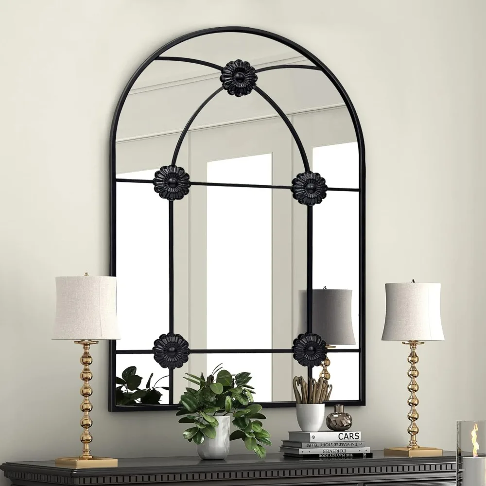 Gebogen Wandspiegel-Spiegels Voor Muur Zwarte Muur Decor Aluminium Frame Gesneden Bloemen Voor Badkamer, Slaapkamer, Woonkamer