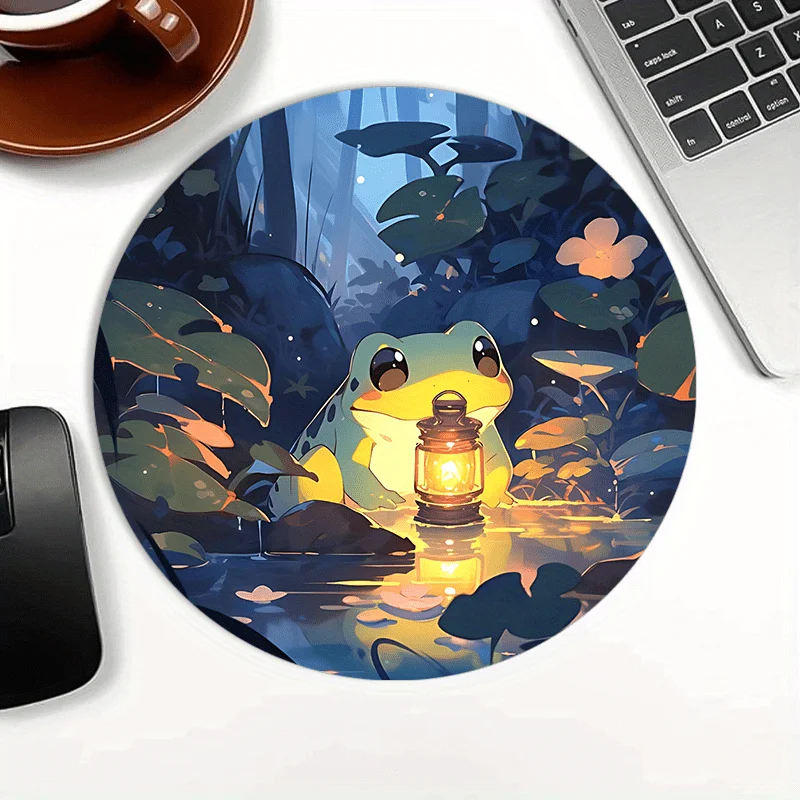 Frog and lotus leaf round mouse pad, anti-slip rubber base, quiet forest design lantern, suitable for office and home use