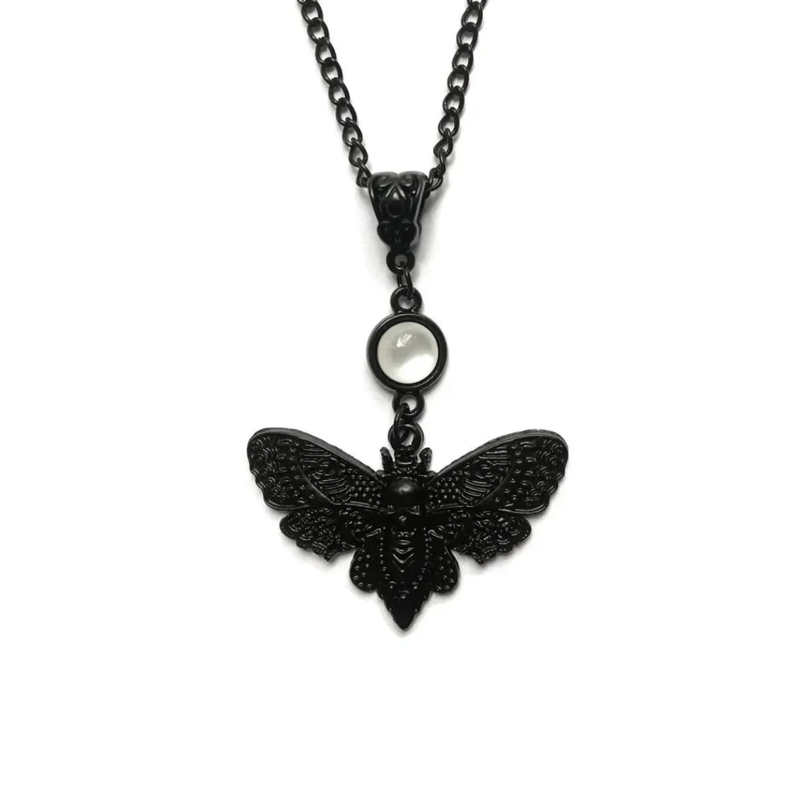 Black Death\'s Head Hawk Moth Necklace, Open Wings, Gothic Jewelry, Creepy Cute, Insect Jewelry, Halloween, Full Moon, Gift