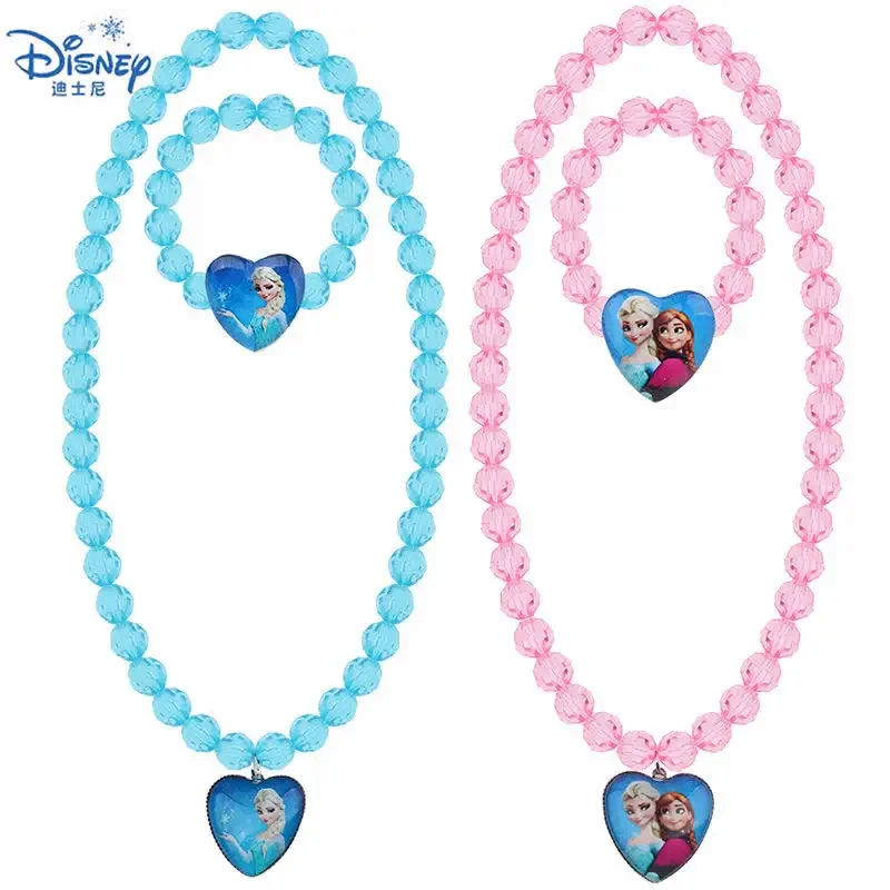 Disney 2pcs/Lot Frozen 2 Cartoon Children Princess Necklace Toys Bracelet Accessories Heart Shaped Pendant Girls Birthday Gift