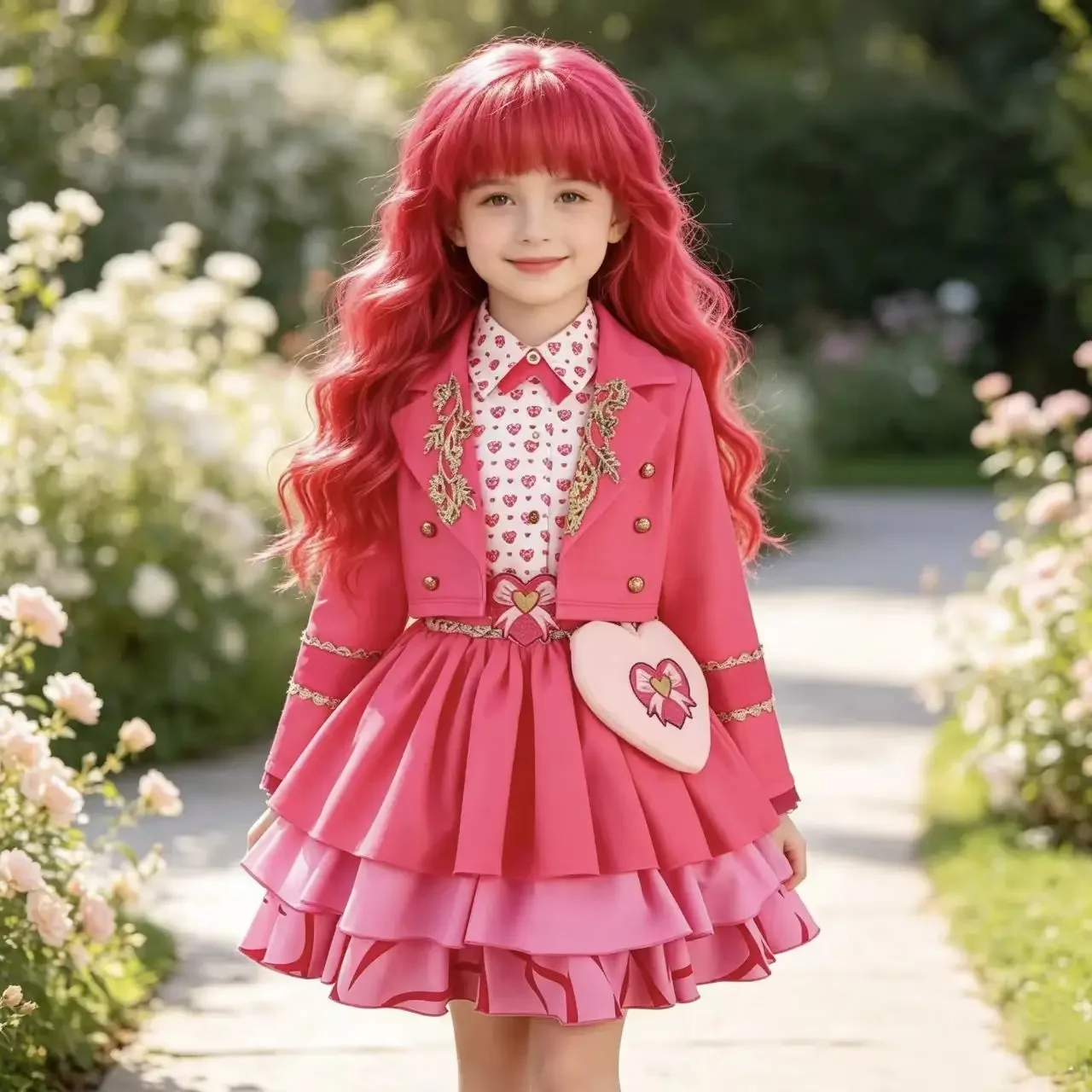 2026 Pink Heart Print Princess Dress Queen Heir  cosplay Costume Halloween Birthday Carnival Party Graduation Prom Puf