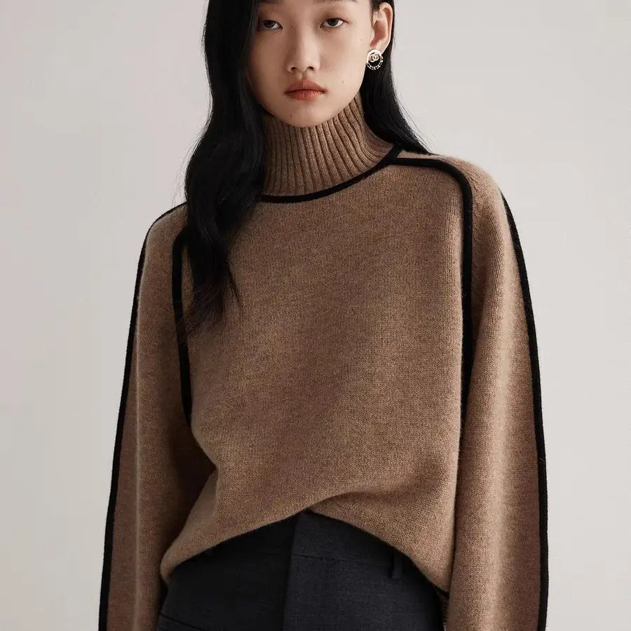 

Autumn Winter Lazy Wind Lady Turtleneck Sweater Women Fashion Loose Stripe Pullover Knitted Jumper Female Long Sleeve Knitwear