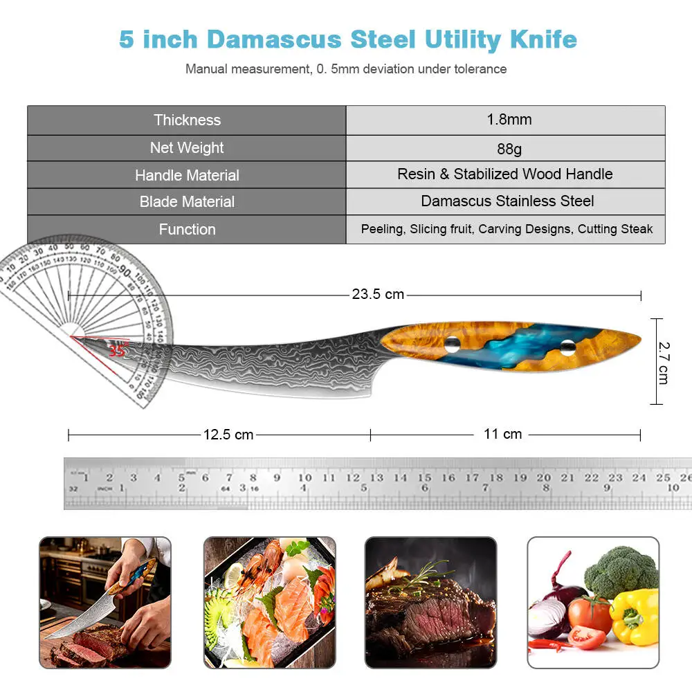 XITUO 1-4PCS Luxury Steak Knives Damascus Steel Sharp, Kitchen 5 Inch Utility Knife For Cooking, Resin & Stabilized Wood Handle