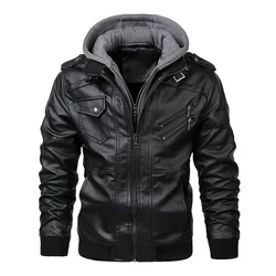 New Men's Hooded Leather Jackets Autumn Winter Casual Zipper Motorcycle PU Jacket Biker Leather Coat Hat Detachable Punk Outwear