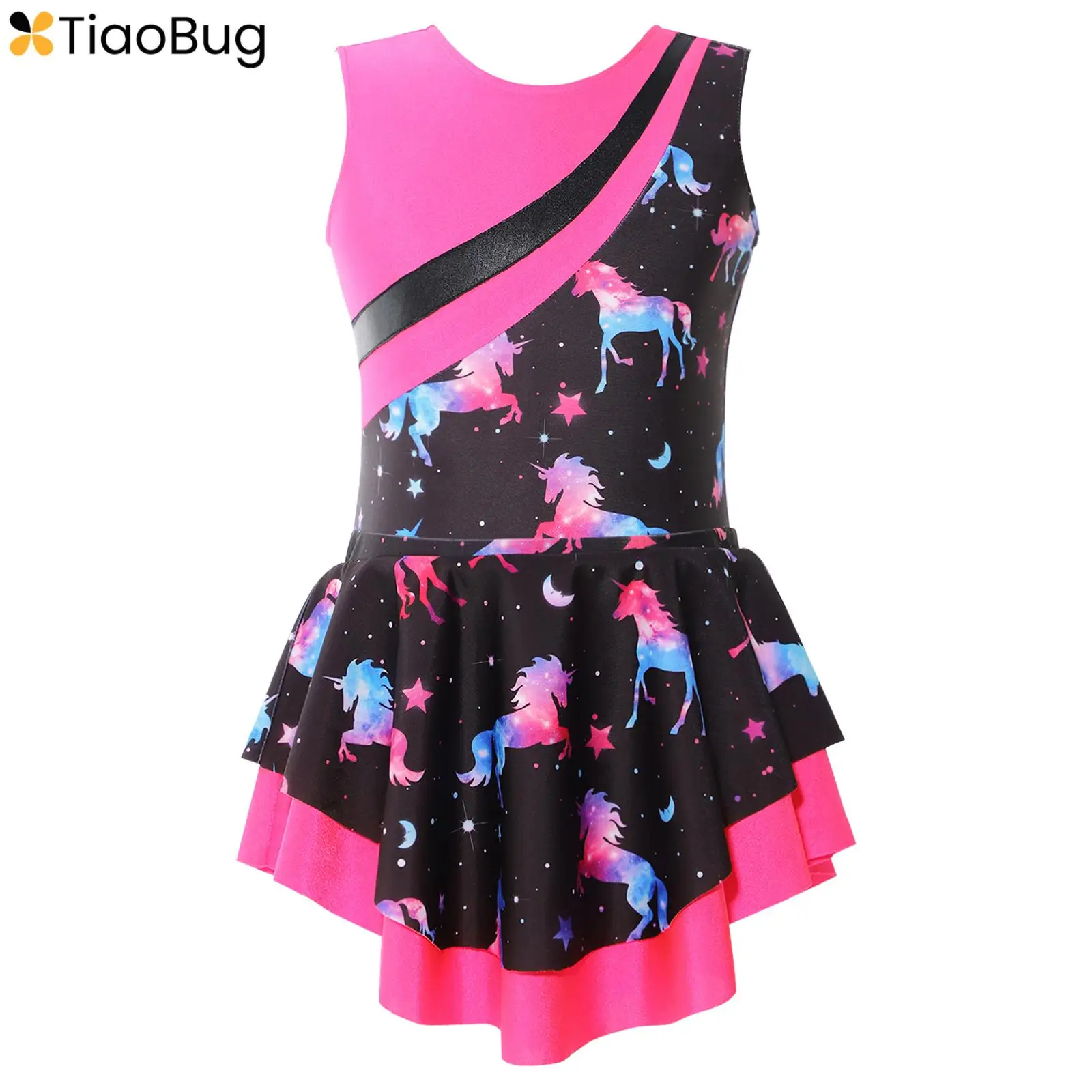 

Kids Girls Printed Sleeveless Ballet Dance Dress Gymnastic Leotards with Tutu Skirt Dancing Outfits Dancewear Ballerina Costume