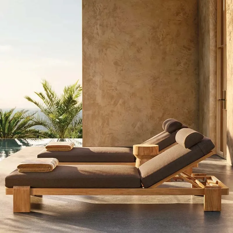 

Teak Beach Lounger Chaise Garden Lounge Chair Outdoor Furniture Waterproof Fabric Sun Lounger