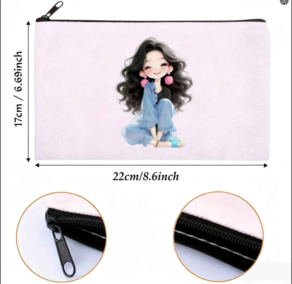 1PC Double-Side Printed Sweet Cartoon Girl Blue Suit Canvas Makeup Storage Zipper Bag