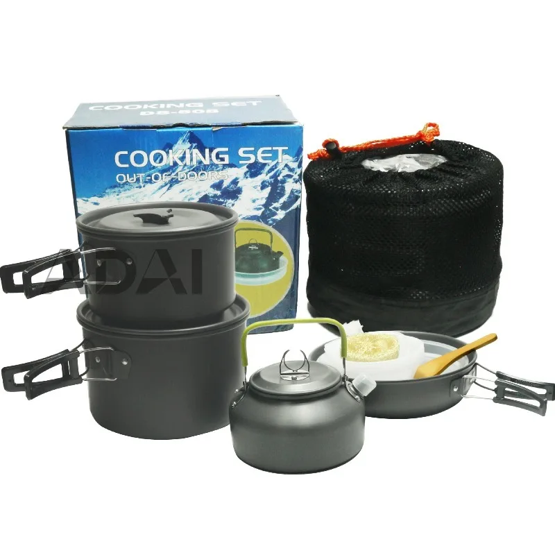 

Набор для кемпинга на открытом воздухе, походная посуда для 4-5 человек с чайником, портативный набор для пикника и кемпинга