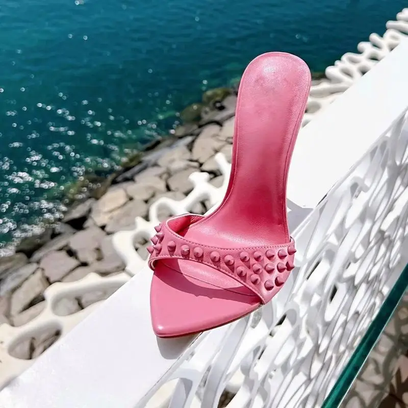 New Summer European and American Fashion Rivet Stiletto 12cm Sexy Open Toed Outerwear Cool Slippers for Women