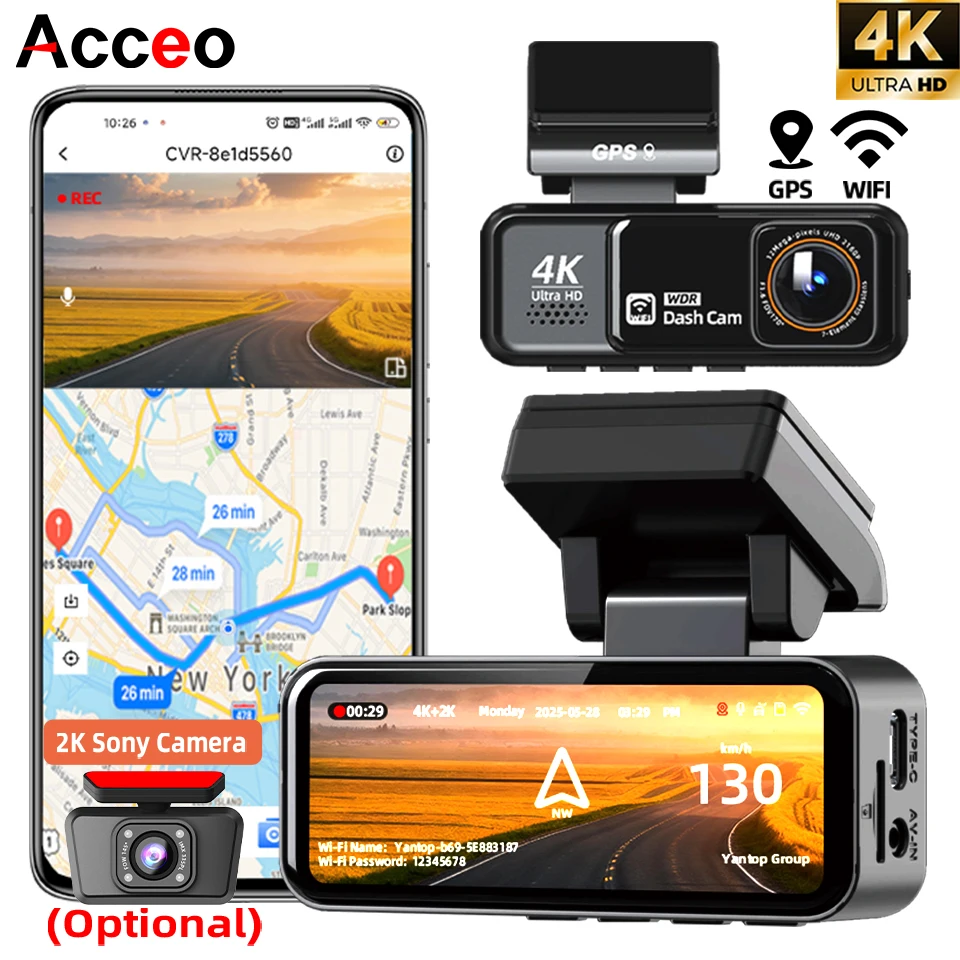Acceo 4K Dashcam Built-in WiFi GPS Night Vision Support 2.5K Rearview Camera Dual Lens 24H Parking Car Video Recorder Black Box