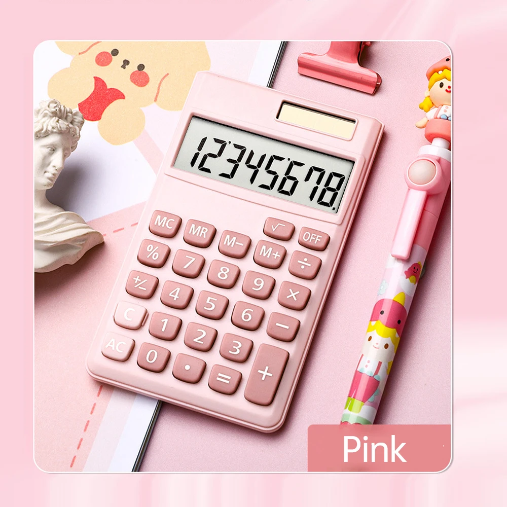 آلة حاسبة ميكانيكية مكونة من 8 أرقام تعمل بالطاقة الشمسية وشاشة LCD وزر كبير وآلة حاسبة ملونة لطيفة مناسبة للمكتب #6