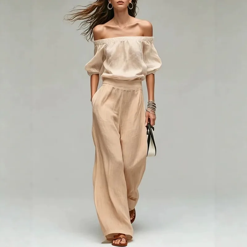 Women Off‑Shoulder Two Piece Outfit Puff Sleeve Top Wide Leg Pants Set Casual Linen Suit Summer Vacation Matching Tracksuit